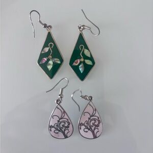 Vintage Signed Alpaca Silver Metal Green Mother of Pearl Flower Inlay Earrings
